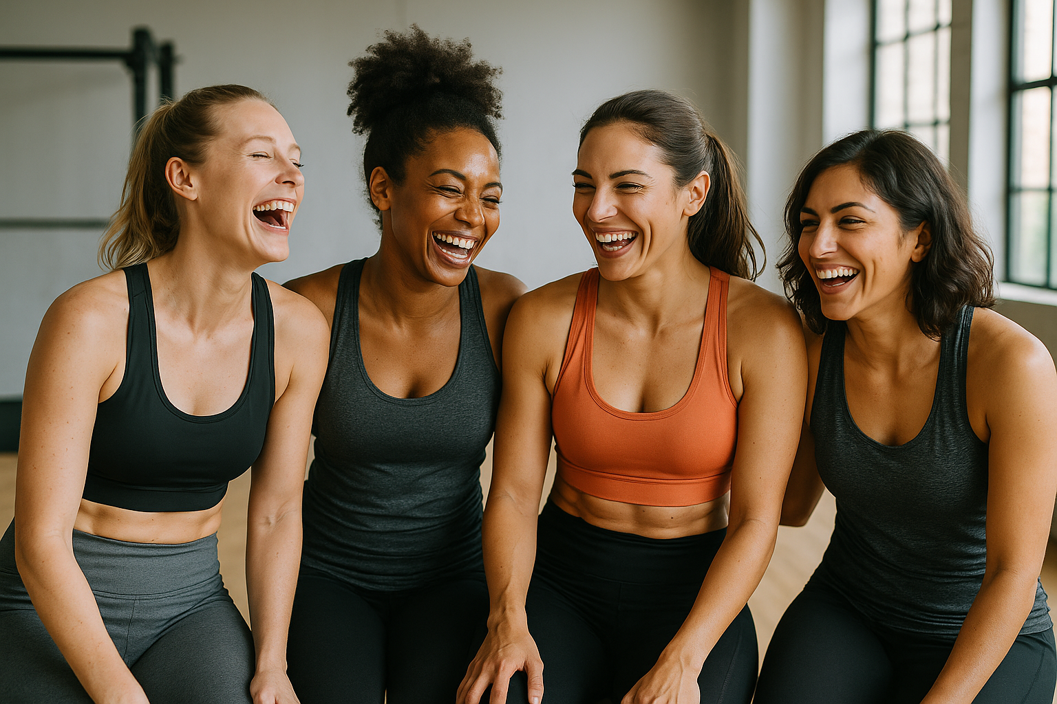 WOMEN FITNESS MODELS LAUGHING IN GYM CLOTHES